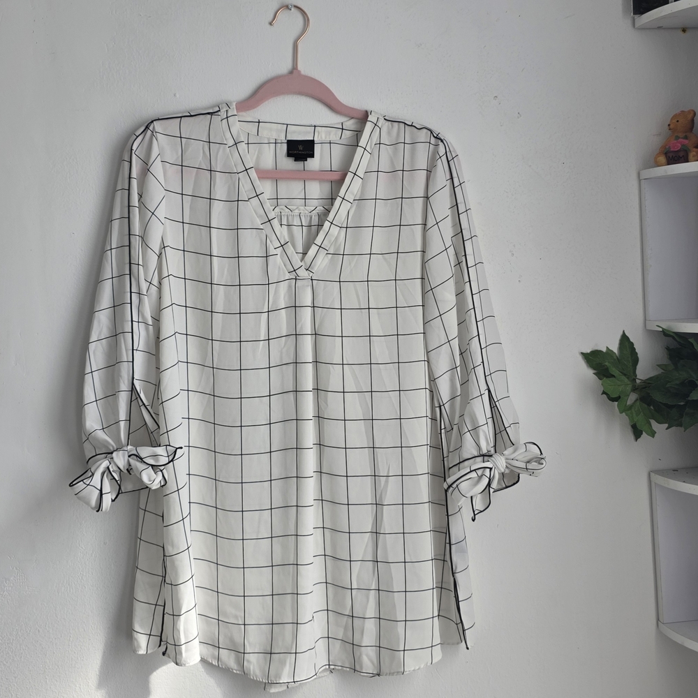 Worthington Elegant Semi-Sheer White Grid Pattern Women's Popover Tunic Blouse